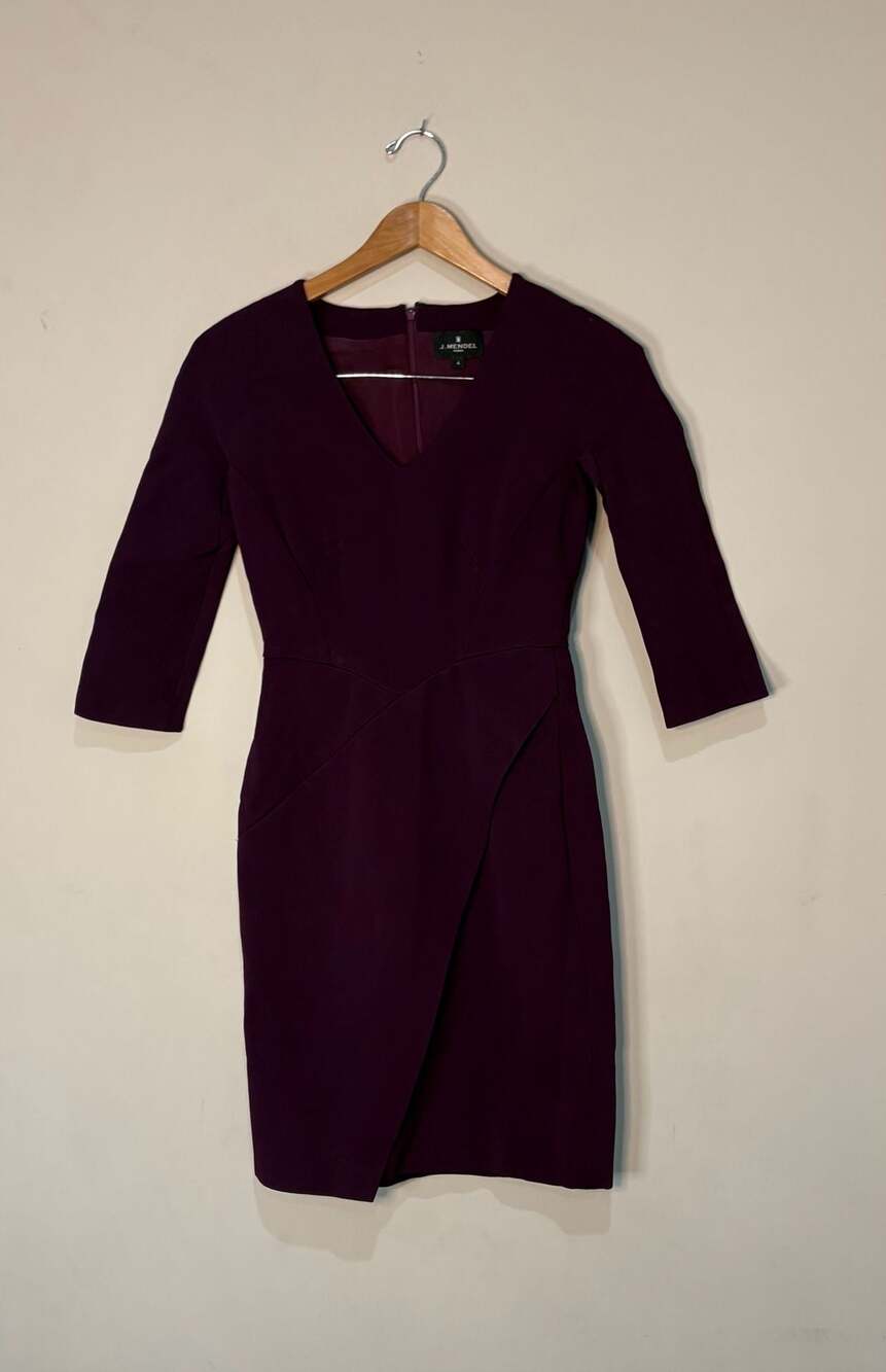 J. Mendel Paris Women's V-Neck 3/4 Sleeve Sheath Dress in Dark Plum